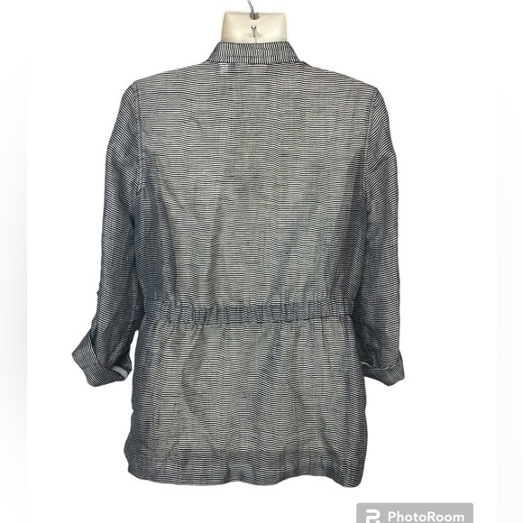 Chico’s Women’s Navy Silver Button Up Jacket Linen Blend Sheer Mini Stripe - Picture 2 of 8